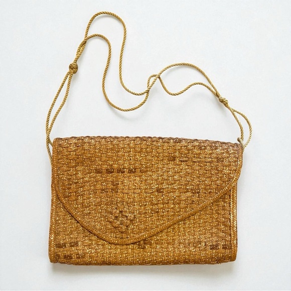Vintage 1980s Woven Straw Evening Bag Clutch Shoulder Purse Gobi Corp Rope Strap - Picture 1 of 7